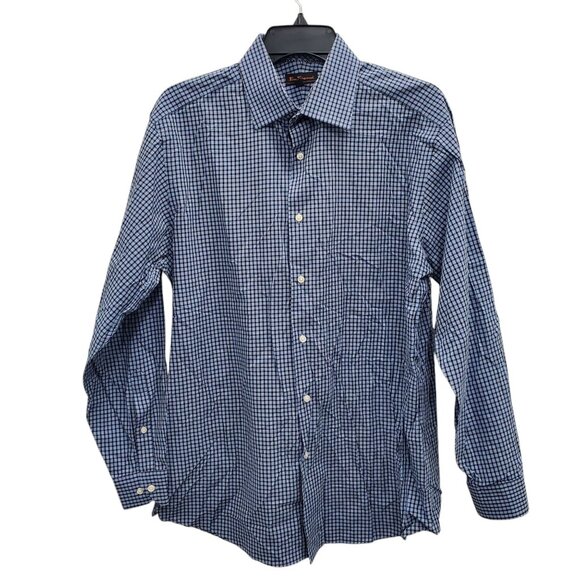 Ben Sherman‎ Men's Navy Blue Small Plaid Cotton Long Sleeve Button Up L 16 32-33 - Picture 1 of 7